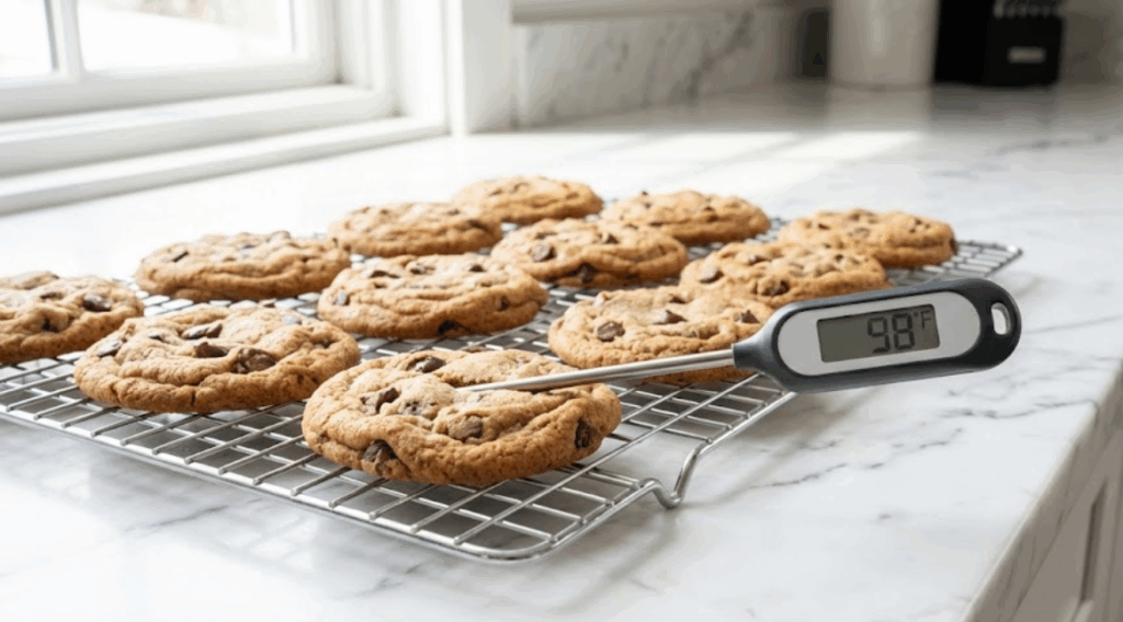 A digital kitchen thermometer inserted into a baked cookie on a cooling rack, showing a temperature reading below 100°F to ensure it is cool enough for packaging.